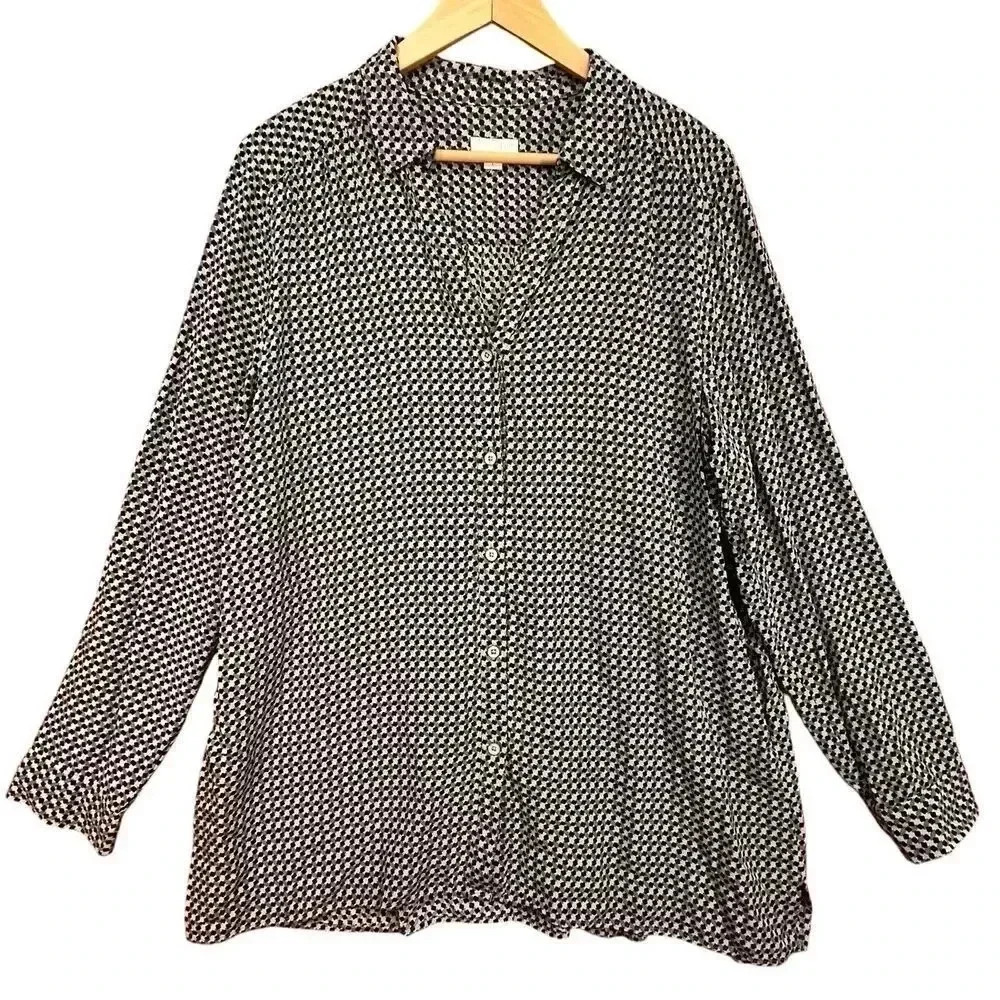 J Jill Women’s Gray Black Button Up Shirt‎ Long Sleeve Rayon Career Casual Large